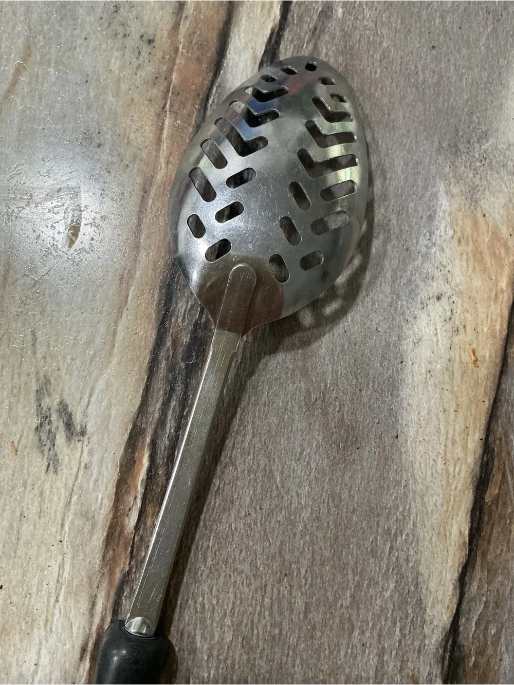 Vintage EKCO 12.5” Slotted Serving Spoon Stainless Steel Faux Wood Handle MCM